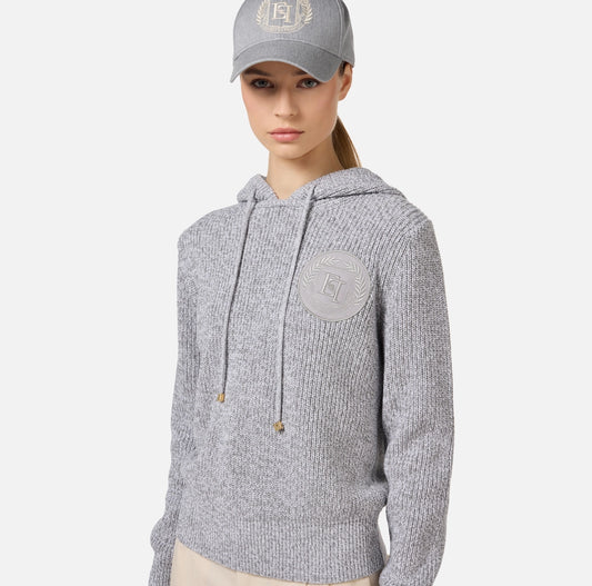 Pullover in viscosa mouliné con cappuccio e patch logo